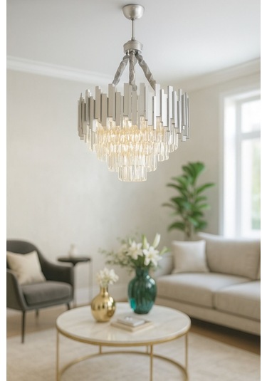 Sima 50 Cm'lik Kristal Cam Taşlı Lüks Avize - Gümüş Yaldız Gümüş Yaldız