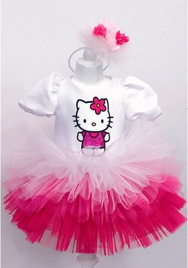 Hello Kitty Baskılı Kız Çocuk Bebek Doğumgünü Elbise Parti Kostüm