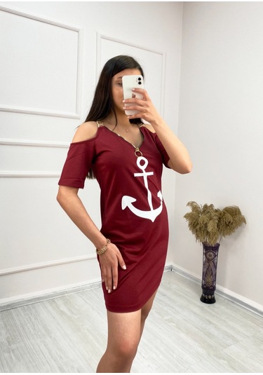 The İstanbul Fermuar Detay Çıpa Baskılı Zincir Askılı Iki Iplik Elbise - Bordo Bordo