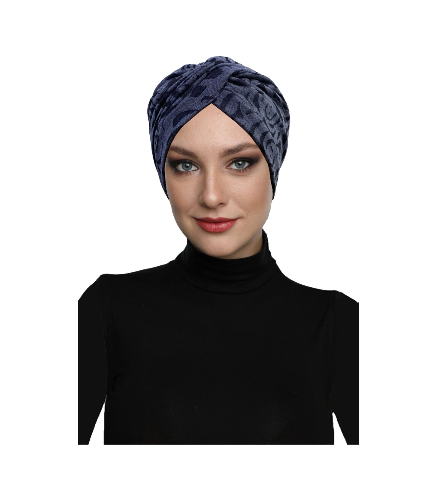 Desenli Çapraz Penye Lacivert Gül Desenli Hazır Türban Tesettür Havuz Bonesi Lacivert Gül