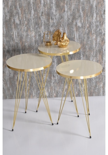 Goldfalez Elips Set  Tel Ayak Zigon ve Orta Sehpa Altın - Krem