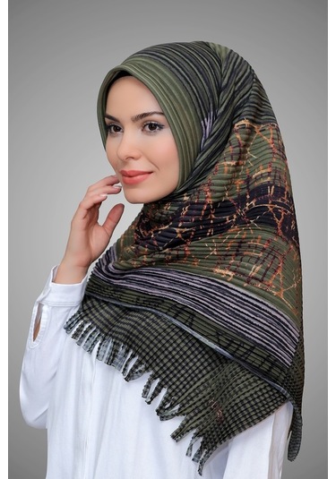 Haki Pratik Hazır Geçmeli Tesettür Eşarp Kesik Elyaf Piliseli Çiç (545491628) Haki