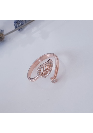 925 Ayar Gümüş Yapraklı Tek Taş Kadın Yüzük Rose Renk