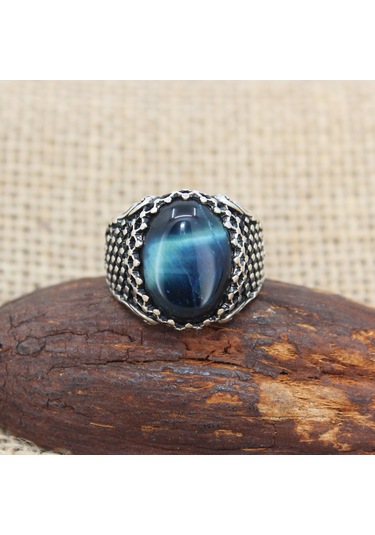 Mavi Kaplangözü Taşlı 925 Ayar Gümüş Şık Erkek Yüzüğü Gümüş