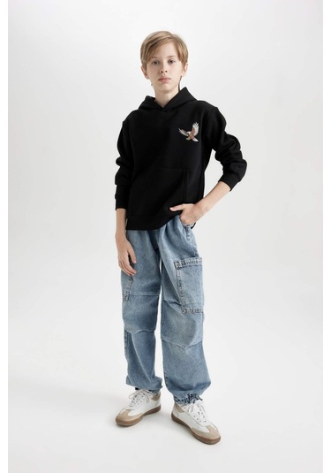 DeFacto Erkek Çocuk Baskılı Kapüşonlu Kalın Siyah Sweatshirt D3032A824WNBK81