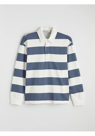 Lc Waikiki Mavi Polo Yaka Çizgili Erkek Sweatshirt