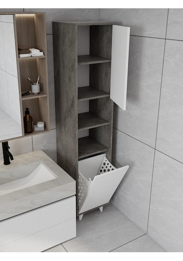 Riva Çamaşır Sepetli Banyo Dolabı Hanoi Beyaz Renk
