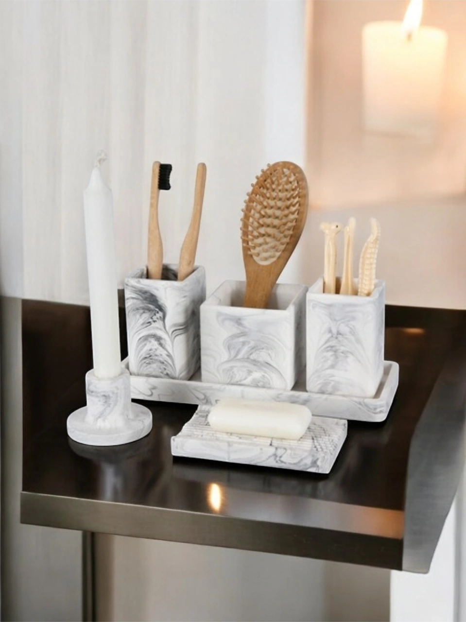 6 Parça Mermer Desen Beton Banyo Seti Diş Fırçalık Tütsülük Mumluk Tepsi Sabunluk Gri