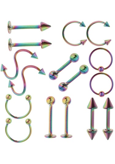 Suntek 16 Adet 16g Kavisli Halter Spike Burun Göbek Çok-renkli Çok Renkli