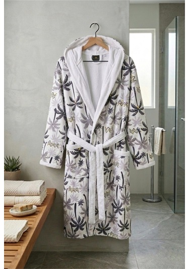 Tropical Breeze Pamuklu Desenli Kapüşonlu Bornoz Gri Palmiye