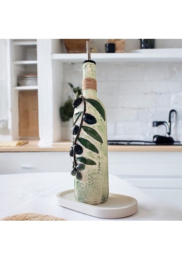 El Yapımı Kabartma Seramik Uygulamalı Zeytin Dalı Desenli Cam Şişe Sirkelik-yağdanlık, Mutfak Dekor Çok Renkli