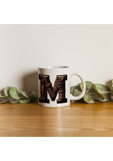 M Harfi Kovboy Temalı Bardak 330 Ml İsim / Harf Kişiye Özel Hediye - Vahşi Batı Konsept Beyaz
