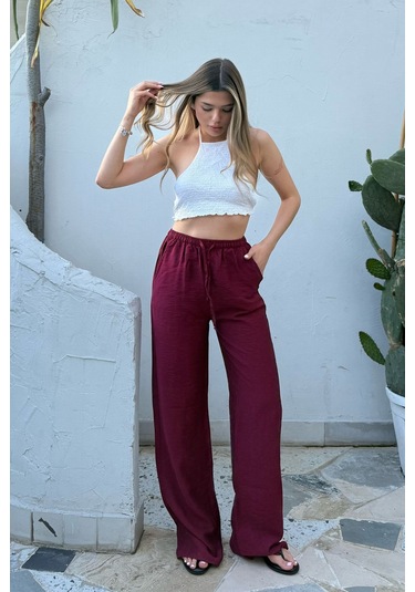 Pembe Keten Karışımlı Bol Kesim Pantolon Bordo