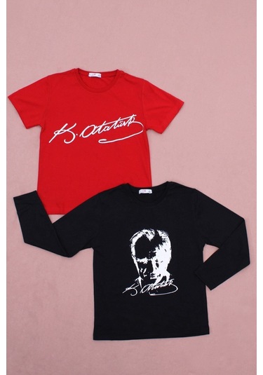 Fyk Kids 2'li Atatürk-imza Farklı Desenli Erkek-kız Çocuk T-shirt Siyah - Kırmızı