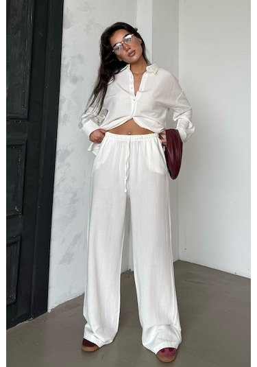 Madmext Ekru Keten Kadın Gömlek Pantolon İkili Takım Mg2356 Ekru