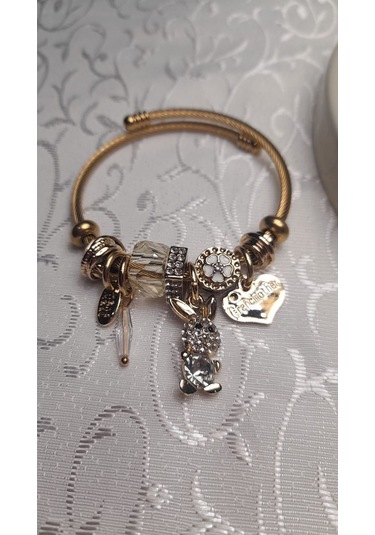 Uzel Çelik Bileklik Sarı Gold Model Beyaz Tavşan Charmlı Beyaz