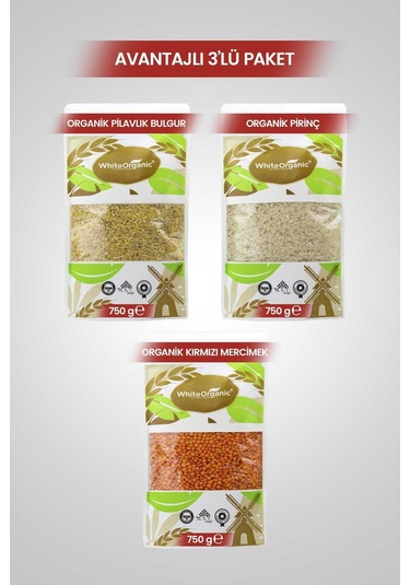 Organik Kırmızı Mercimek+Organik Pirinç+Organik Pilavlık Bulgur Bakliyat Seti