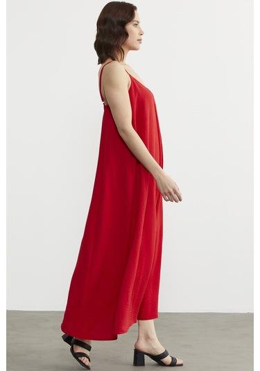 Ayarlanabilir Askılı Uzun Krep Elbise - Kırmızı 001