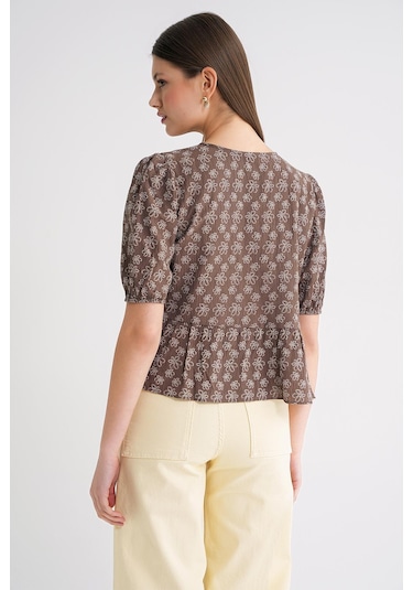 4688 Kadın Balon Kol Çiçek Desenli Peplum Bluz Kahve Kahve