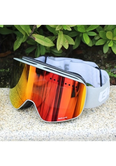 Oldfriend Pembe Çerçeveli Mavi Lens Manyetik Çift Kat Kayak Gözlüğü Anti Fog Snowboard