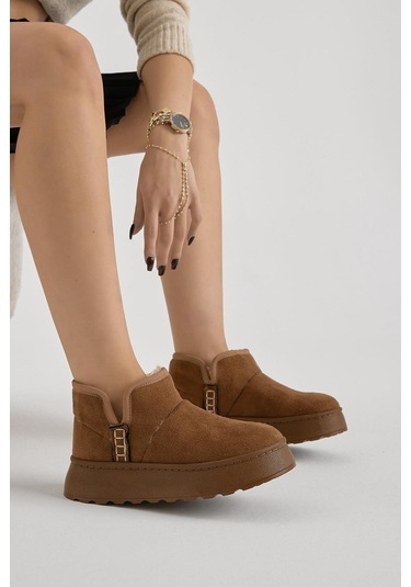 Kalın Poli Taban İçi Astarlı Süet Görünümlü Kadın Taba Günlük Bot Tbprf005 Taba