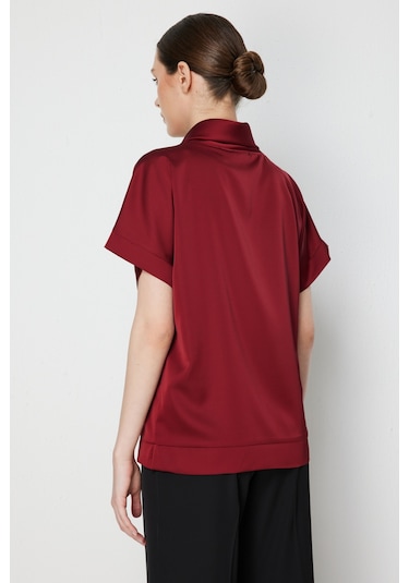 On Kadın Degaje Yaka Kısa Kollu Bluz 74434 Bordo