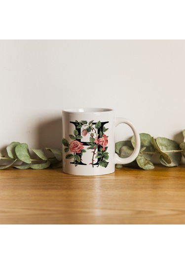 H Baş Harf Kırmızı Güller İle Sarılı Bardak 330 Ml Kişiye Özel Çiçekli Hediye Beyaz