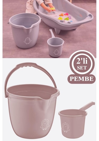 Flosoft Bebek Banyo Su Kovası Ve Maşrapası Seti, Saplı Oluklu Kova 13lt Ve Maşrapa 1,5lt 2 Li Set Pembe