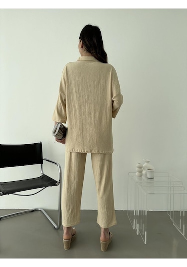 Kadın Polo Yaka Üst Pantolon Ikili Takım Bej