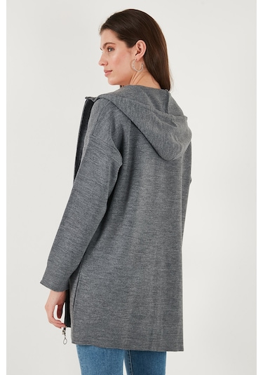 Lela Modest Regular Fit Kapüşonlu Tesettür Triko Bayan Hırka 4616176 Antrasit