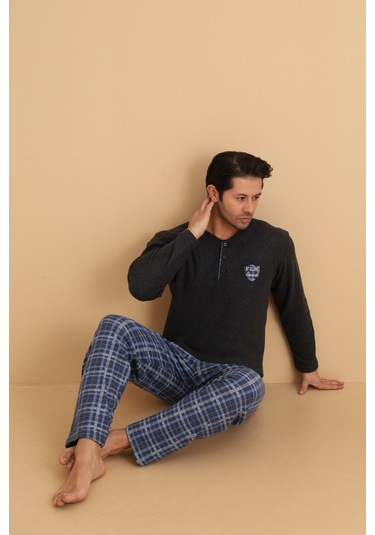 Flkn 7015 İnterlok Kışlık Ekose Pijamalı Erkek Pijama Takımı Antrasit