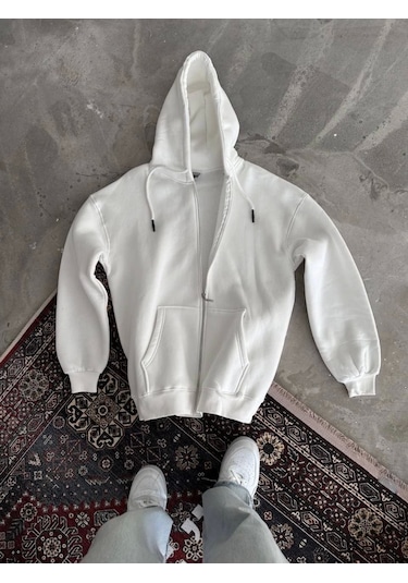 Tua Moda Oversize Tam Fermuarlı Uzun Kol Hırka - Beyaz Beyaz