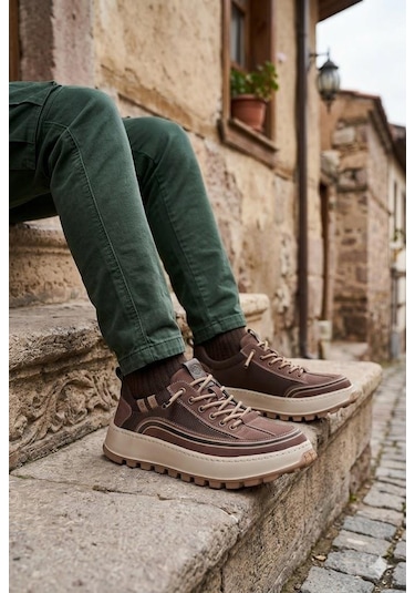 Guja 26y514 Rahat Hafif Taban Tekstil Lastik Bağcıklı Sneaker Erkek Ayakkabı Kahve