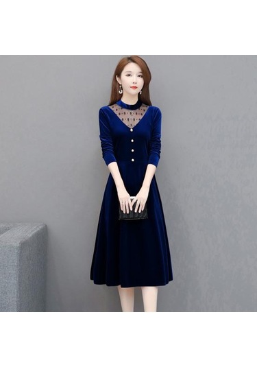 Ofis Bayan Zarif Kadife Elbise O-boyun Hollow Out Örgü Iplik Dikiş Evaze Elbise Uzun Kollu Düğmeler Dekor Gevşek Hem Midi Elbise Kırmızı Ofis Bayan Zarif Kadife Elbise O-boyun Hollow Out Örgü Iplik Dikiş Evaze Elbise Uzun Kollu Düğmeler Dekor Gevşek Hem Midi Elbise Kırmızı