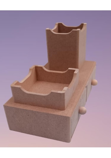 Hobi Dekoratif Kalemlik Set İkili Model Ham Mdf Ahşap Çekmece El Yapımı