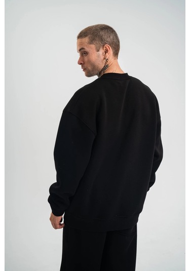 Erkek Uzun Kol Bisiklet Yaka 3 İplik Pamuklu Kışlık Sweatshirt - Siyah Siyah