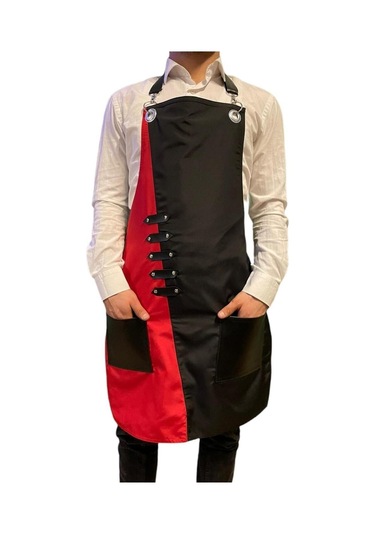 Çift Renkli Askılı Micropolyester Deri Cepli Önlük Cafe Chef Restoran Kuaför Önlük Modeli Kırmızısiyah