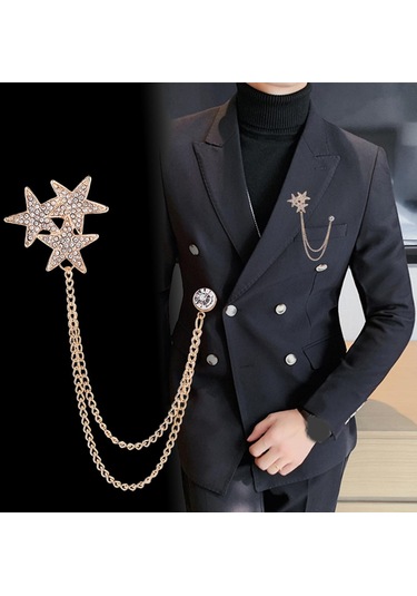 Homyl Parlak Taklidi Beş Köşeli Yıldız Broş Pin Rozeti Şık Erkek Altın