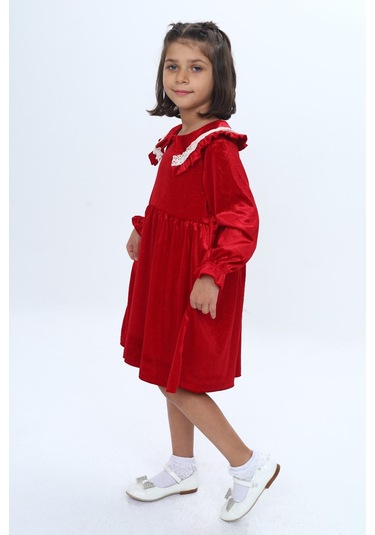 Toontoy Kız Çocuk Yaka Detaylı Fırfırlı Elbise Kırmızı