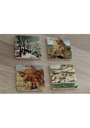 Pieter Brueghel Babil Kulesi Ve Eserleri Doğal Taş Bardak Altlığı 4'lü Set - Natural Stone Coasters - Taş Çok Renkli