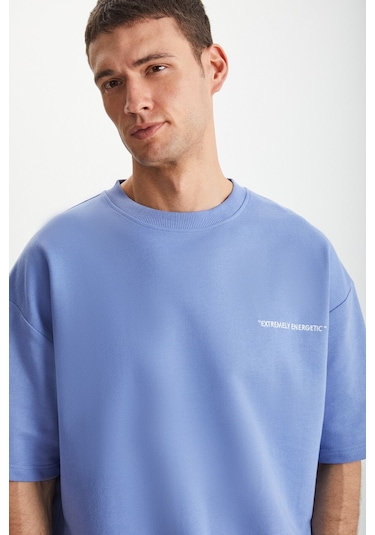 GRIMELANGE Colombıa Erkek 2'li Set Comfort Fit Rahat Kalıp Yazı Nakışlı Şardonsuz Mavi Eşofman Takımı Mavi