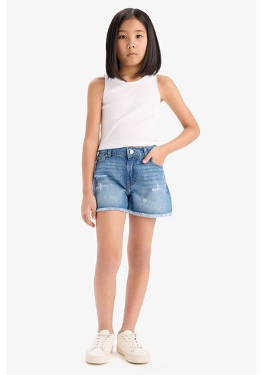 Defacto Kız Çocuk Yırtık Detaylı Pamuklu Jean Şort D7107a825smnm28 Mavi