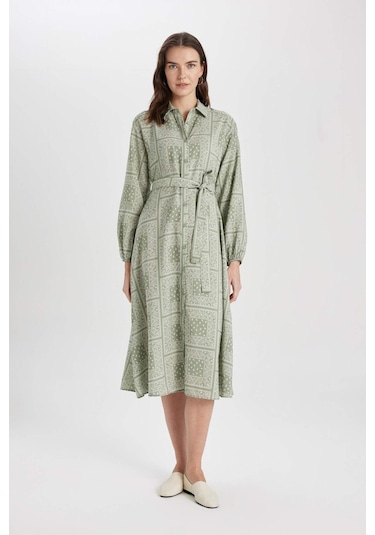Defacto Gömlek Yaka Desenli Aerobin Uzun Kollu Kuşaklı Midi Elbise C2501AX24SMKH271