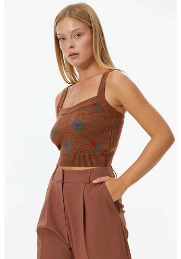 Çiçek Motifli Crop Triko Takım - Taba 001