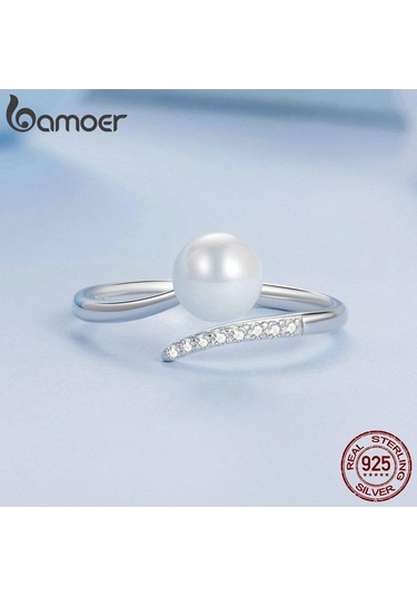 Bamoer 925 Ayar Gümüş Kaliteli Kabuk Inci Açılış Yüzük Zirkon Ayarlanabilir Yüzük Zarif Güzel Takı Kadınlar İçin