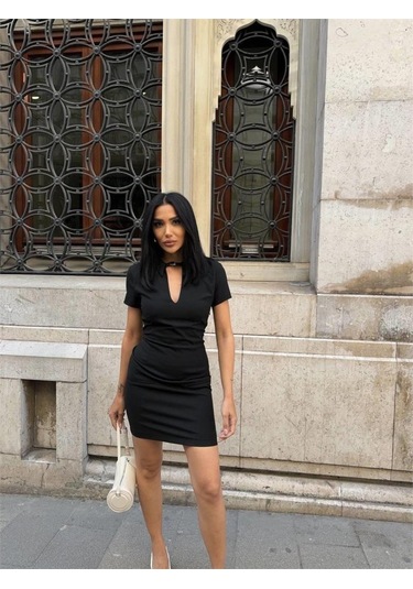 Polo Yaka Yaka Kemer Detaylı Kalem Elbise - Siyah