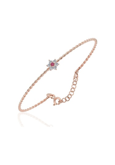 Altın Bilezik - Ortası Yakut Taşlı Çiçek 14 Ayar Altın Bilezik Pembe