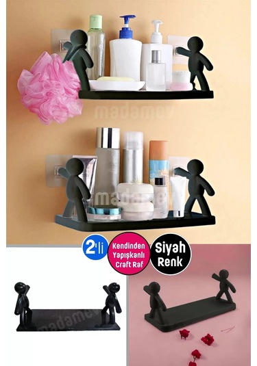 Madamev 2li Kendinden Yapışkanlı Craft Siyah Banyo Mutfak Rafı Siyah