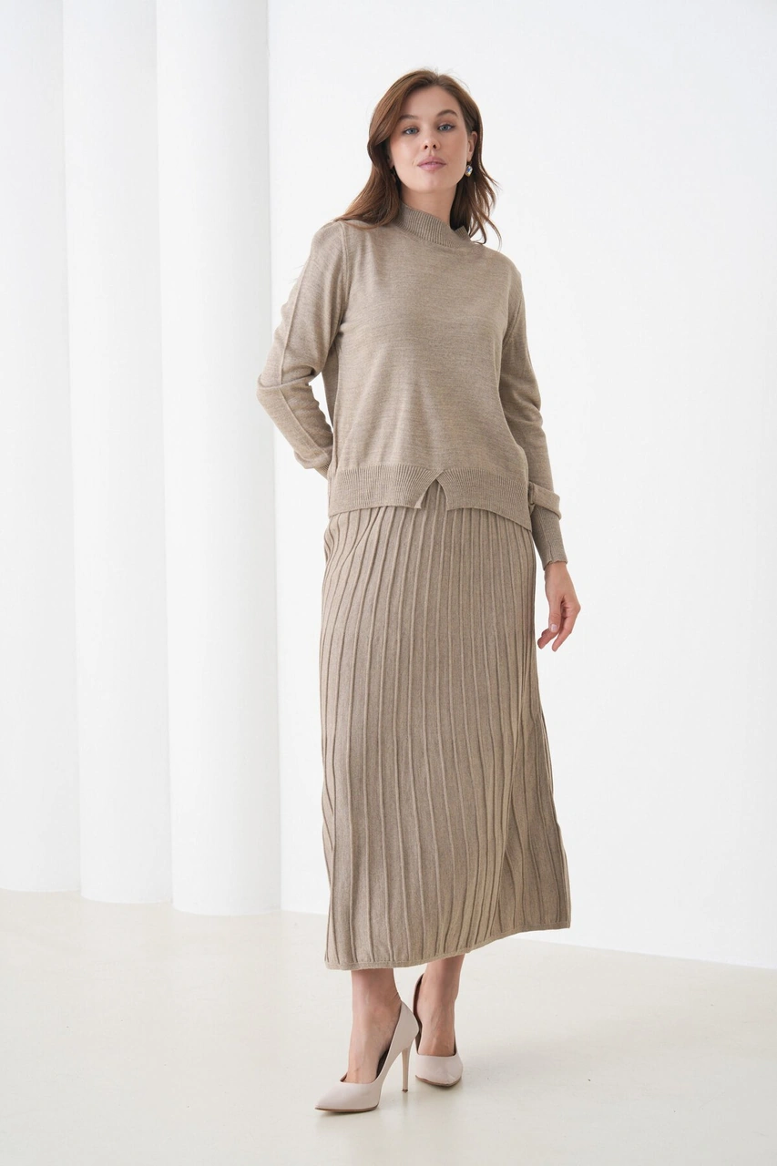 Kadın Pileli Etek Kazağı V Tasarım Tesettüre Uygun Örgü Triko Etek Kazak Takım Vizon