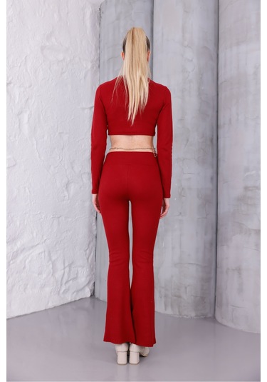 Kadın İspanyol Paça Pantolon Uzun Kollu Parmak Geçirmeli Crop Takım Bordo